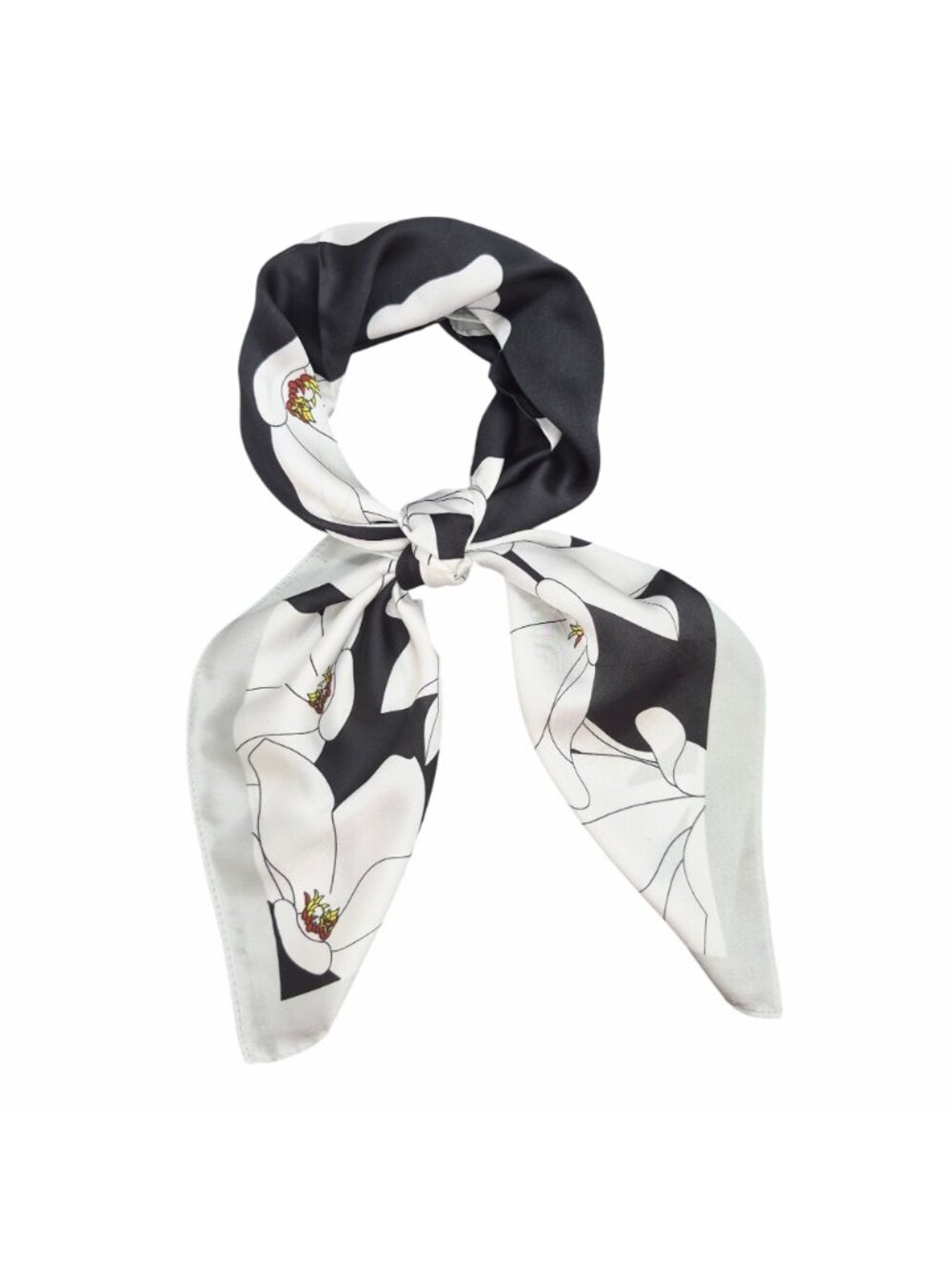 Luxurious Chic Silky Square Scarf Soft Black White Magnolia Floral Print Bandana - Picture 3 of 6